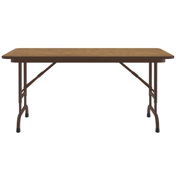 Correll 24" X 48" Medium Oak Light Duty Melamine Adjustable Height Folding Table With Brown Frame 2 Correll 24" X 48" Medium Oak Light Duty Melamine Adjustable Height Folding Table With Brown Frame - Image 2
