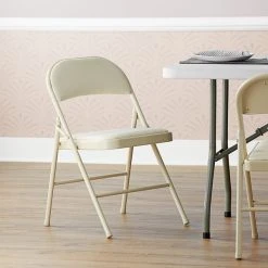 Lancaster Table & Seating Beige Fabric Folding Chair With Padded Seat