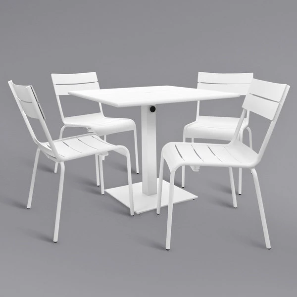 BFM Seating Beachcomber 32" Square White Powder Coated Aluminum Dining Height Outdoor / Indoor Table With Umbrella Hole And 4 Chairs 1 BFM Seating Beachcomber 32" Square White Powder Coated Aluminum Dining Height Outdoor / Indoor Table With Umbrella Hole And 4 Chairs