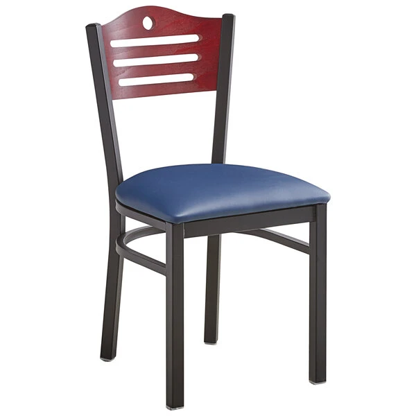 Lancaster Table & Seating Mahogany Finish Bistro Dining Chair With 1 1/2" Navy Padded Seat 2 Lancaster Table & Seating Mahogany Finish Bistro Dining Chair With 1 1/2" Navy Padded Seat - Image 2