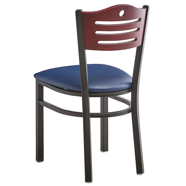 Lancaster Table & Seating Mahogany Finish Bistro Dining Chair With 1 1/2" Navy Padded Seat 3 Lancaster Table & Seating Mahogany Finish Bistro Dining Chair With 1 1/2" Navy Padded Seat - Image 3