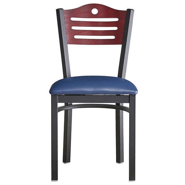 Lancaster Table & Seating Mahogany Finish Bistro Dining Chair With 1 1/2" Navy Padded Seat 5 Lancaster Table & Seating Mahogany Finish Bistro Dining Chair With 1 1/2" Navy Padded Seat - Image 5