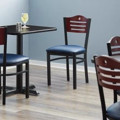Lancaster Table & Seating Mahogany Finish Bistro Dining Chair With 1 1/2" Navy Padded Seat