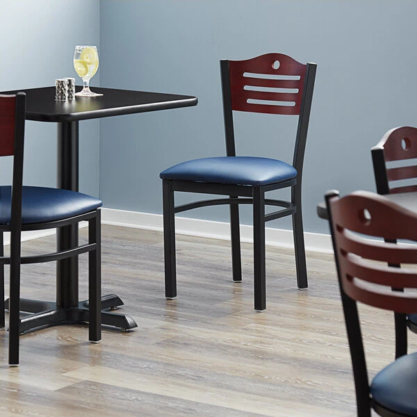 Lancaster Table & Seating Mahogany Finish Bistro Dining Chair With 1 1/2" Navy Padded Seat 1 Lancaster Table & Seating Mahogany Finish Bistro Dining Chair With 1 1/2" Navy Padded Seat
