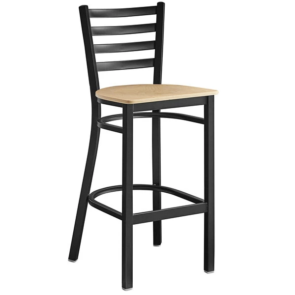 Lancaster Table & Seating Black Finish Ladder Back Bar Stool With Natural Wood Seat 2 Lancaster Table & Seating Black Finish Ladder Back Bar Stool With Natural Wood Seat - Image 2