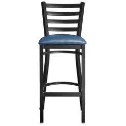 Lancaster Table & Seating Black Finish Ladder Back Bar Stool With 2 1/2" Navy Blue Vinyl Padded Seat -Zown Shop 2078717