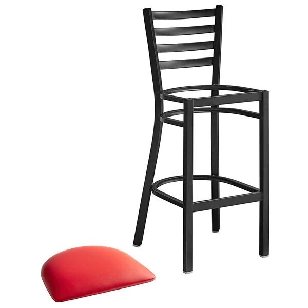 Lancaster Table & Seating Black Finish Ladder Back Bar Stool With 2 1/2" Red Vinyl Padded Seat 4 Lancaster Table & Seating Black Finish Ladder Back Bar Stool With 2 1/2" Red Vinyl Padded Seat - Image 4