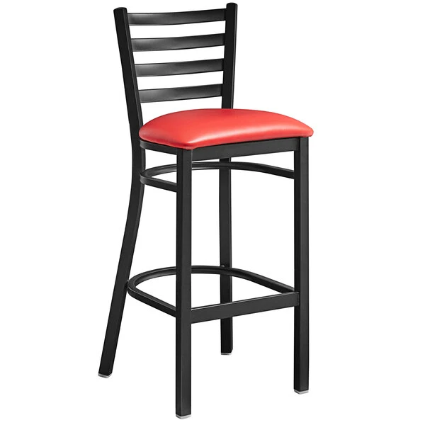 Lancaster Table & Seating Black Finish Ladder Back Bar Stool With 2 1/2" Red Vinyl Padded Seat 2 Lancaster Table & Seating Black Finish Ladder Back Bar Stool With 2 1/2" Red Vinyl Padded Seat - Image 2