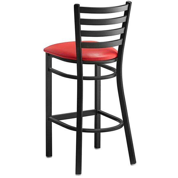 Lancaster Table & Seating Black Finish Ladder Back Bar Stool With 2 1/2" Red Vinyl Padded Seat 3 Lancaster Table & Seating Black Finish Ladder Back Bar Stool With 2 1/2" Red Vinyl Padded Seat - Image 3