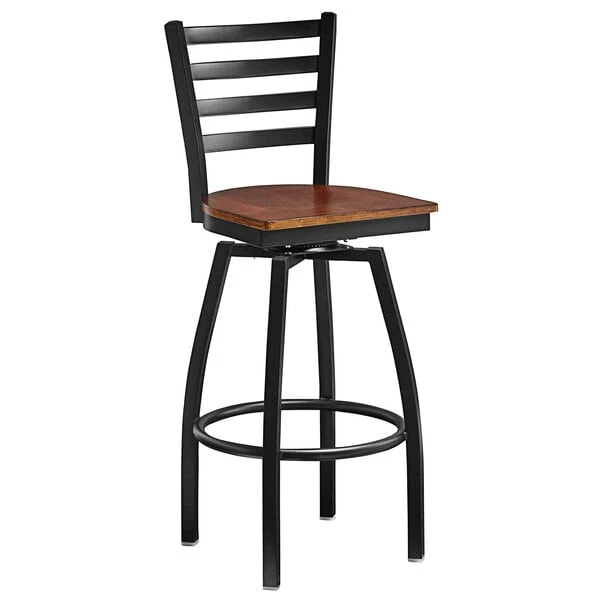 Lancaster Table & Seating Black Finish Ladder Back Swivel Bar Stool With Antique Walnut Wood Seat 2 Lancaster Table & Seating Black Finish Ladder Back Swivel Bar Stool With Antique Walnut Wood Seat - Image 2