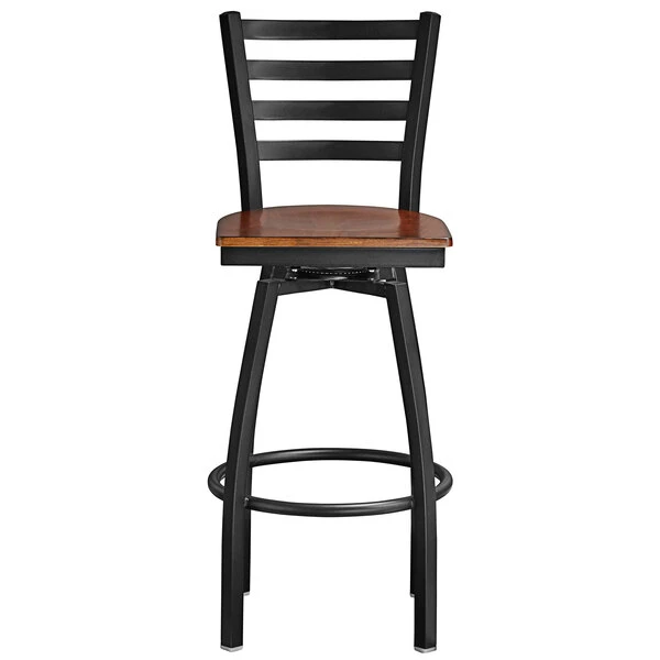 Lancaster Table & Seating Black Finish Ladder Back Swivel Bar Stool With Antique Walnut Wood Seat 4 Lancaster Table & Seating Black Finish Ladder Back Swivel Bar Stool With Antique Walnut Wood Seat - Image 4