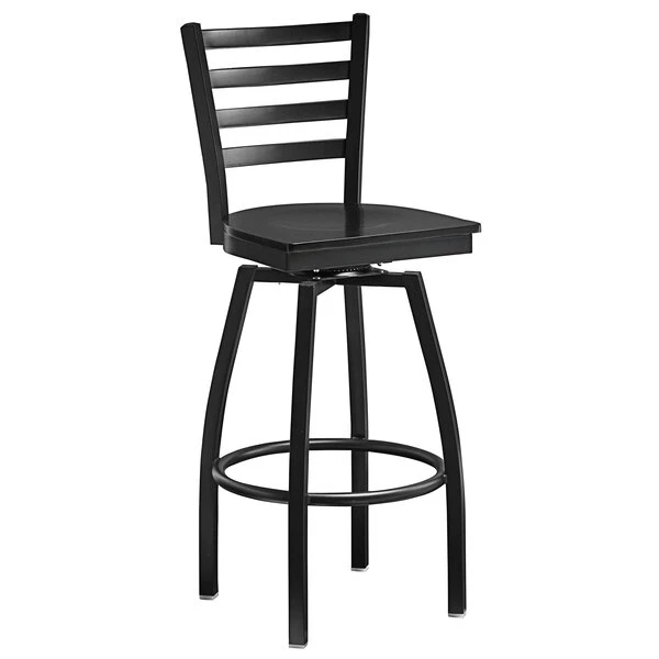 Lancaster Table & Seating Black Finish Ladder Back Swivel Bar Stool With Black Wood Seat 2 Lancaster Table & Seating Black Finish Ladder Back Swivel Bar Stool With Black Wood Seat - Image 2
