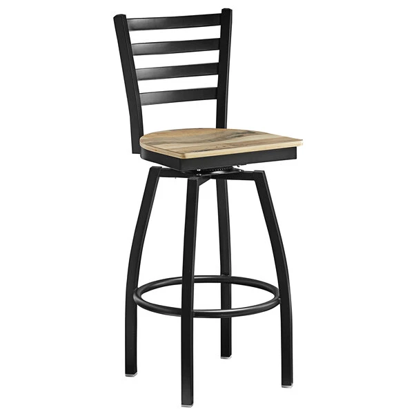 Lancaster Table & Seating Black Finish Ladder Back Swivel Bar Stool With Driftwood Seat 2 Lancaster Table & Seating Black Finish Ladder Back Swivel Bar Stool With Driftwood Seat - Image 2