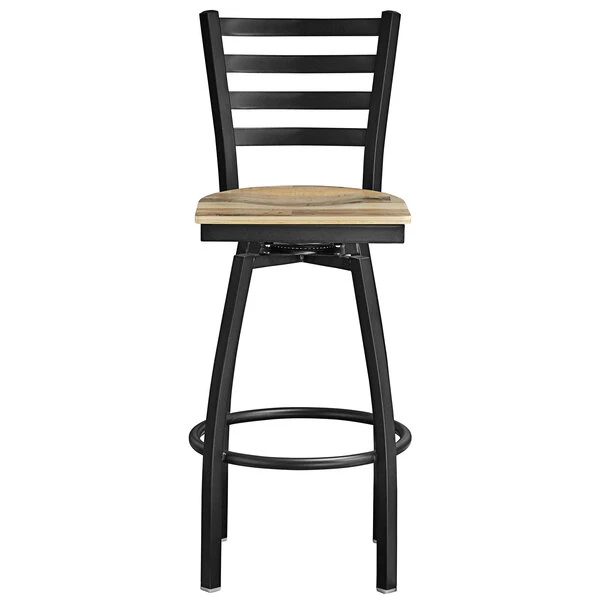 Lancaster Table & Seating Black Finish Ladder Back Swivel Bar Stool With Driftwood Seat 4 Lancaster Table & Seating Black Finish Ladder Back Swivel Bar Stool With Driftwood Seat - Image 4