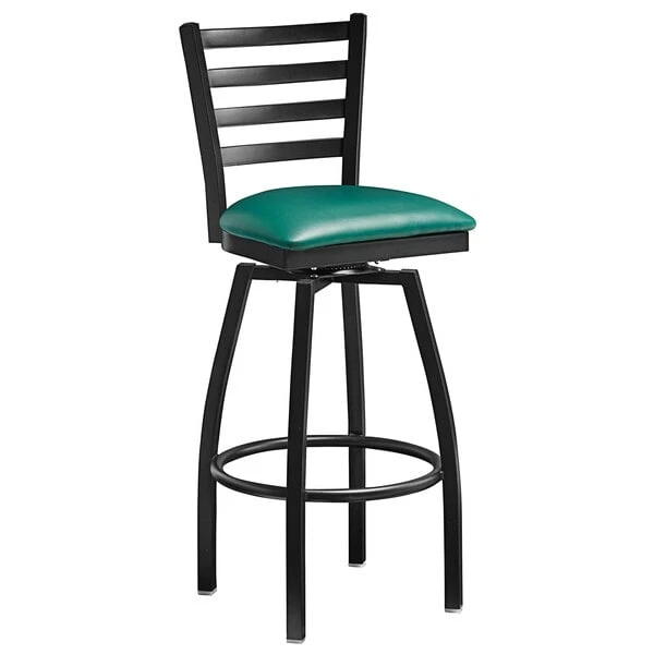 Lancaster Table & Seating Black Finish Ladder Back Swivel Bar Stool With 2 1/2" Green Vinyl Padded Seat 2 Lancaster Table & Seating Black Finish Ladder Back Swivel Bar Stool With 2 1/2" Green Vinyl Padded Seat - Image 2