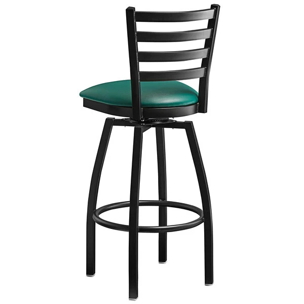 Lancaster Table & Seating Black Finish Ladder Back Swivel Bar Stool With 2 1/2" Green Vinyl Padded Seat 3 Lancaster Table & Seating Black Finish Ladder Back Swivel Bar Stool With 2 1/2" Green Vinyl Padded Seat - Image 3