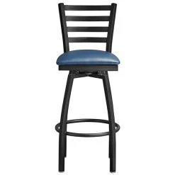 Lancaster Table & Seating Black Finish Ladder Back Swivel Bar Stool With 2 1/2" Navy Vinyl Padded Seat -Zown Shop 2078769
