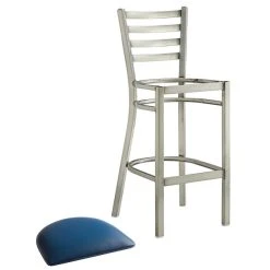 Lancaster Table & Seating Clear Coat Finish Ladder Back Bar Stool With 2 1/2" Navy Blue Vinyl Padded Seat -Zown Shop 2079609