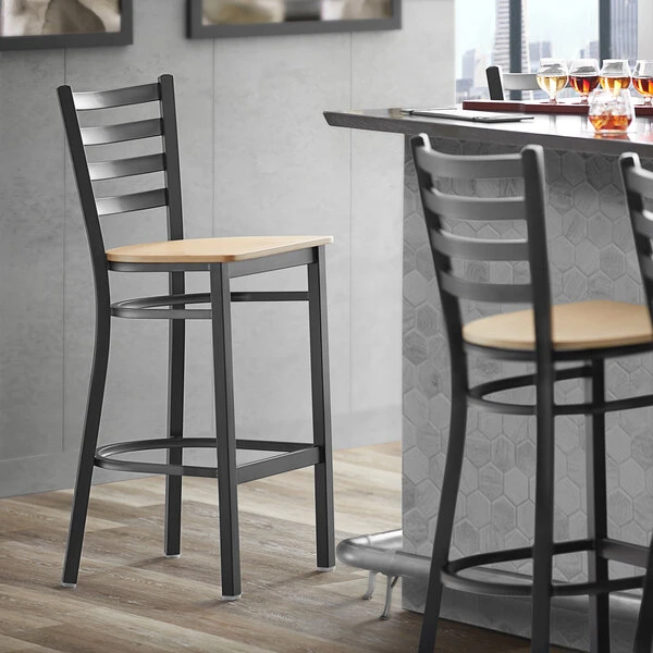 Lancaster Table & Seating Black Finish Ladder Back Bar Stool With Natural Wood Seat 1 Lancaster Table & Seating Black Finish Ladder Back Bar Stool With Natural Wood Seat