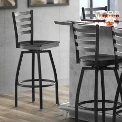 Lancaster Table & Seating Black Finish Ladder Back Swivel Bar Stool With Black Wood Seat