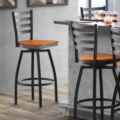 Lancaster Table & Seating Black Finish Ladder Back Swivel Bar Stool With Cherry Wood Seat