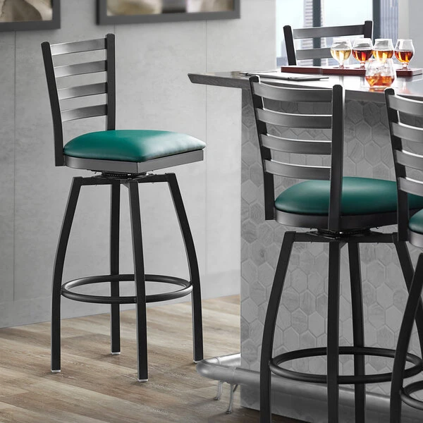 Lancaster Table & Seating Black Finish Ladder Back Swivel Bar Stool With 2 1/2" Green Vinyl Padded Seat 1 Lancaster Table & Seating Black Finish Ladder Back Swivel Bar Stool With 2 1/2" Green Vinyl Padded Seat