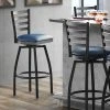 Lancaster Table & Seating Black Finish Ladder Back Swivel Bar Stool With 2 1/2" Navy Vinyl Padded Seat