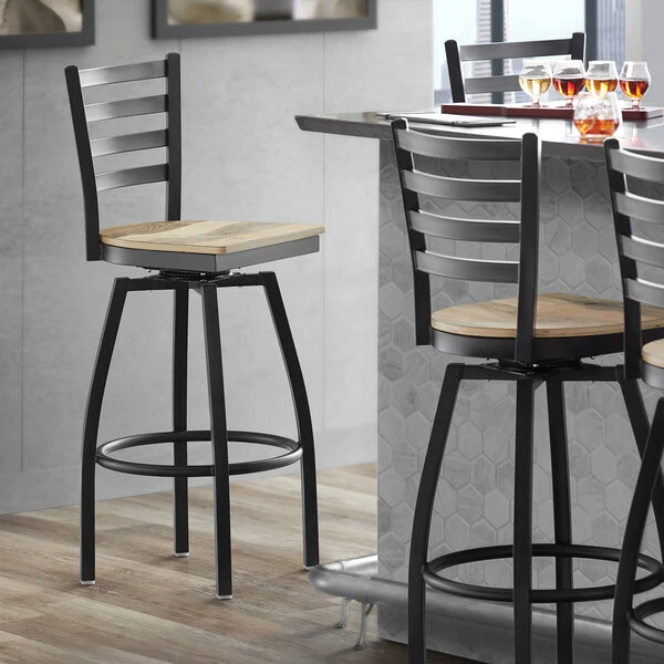Lancaster Table & Seating Black Finish Ladder Back Swivel Bar Stool With Driftwood Seat 1 Lancaster Table & Seating Black Finish Ladder Back Swivel Bar Stool With Driftwood Seat