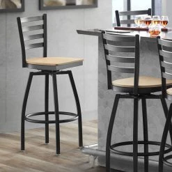 Lancaster Table & Seating Black Finish Ladder Back Swivel Bar Stool With Natural Wood Seat