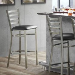 Lancaster Table & Seating Clear Coat Finish Ladder Back Bar Stool With 2 1/2" Black Vinyl Padded Seat