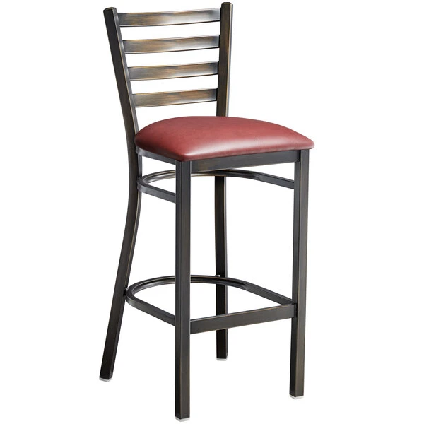 Lancaster Table & Seating Distressed Copper Finish Ladder Back Bar Stool With 2 1/2" Burgundy Vinyl Padded Seat 2 Lancaster Table & Seating Distressed Copper Finish Ladder Back Bar Stool With 2 1/2" Burgundy Vinyl Padded Seat - Image 2