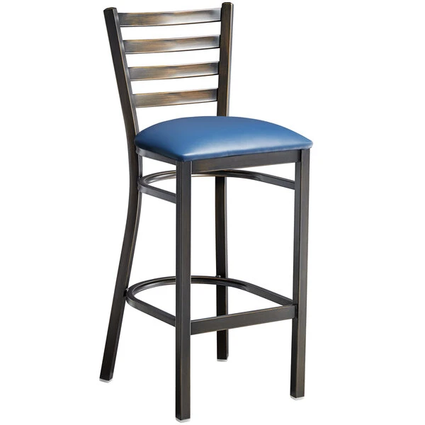 Lancaster Table & Seating Distressed Copper Finish Ladder Back Bar Stool With 2 1/2" Navy Blue Vinyl Padded Seat 2 Lancaster Table & Seating Distressed Copper Finish Ladder Back Bar Stool With 2 1/2" Navy Blue Vinyl Padded Seat - Image 2