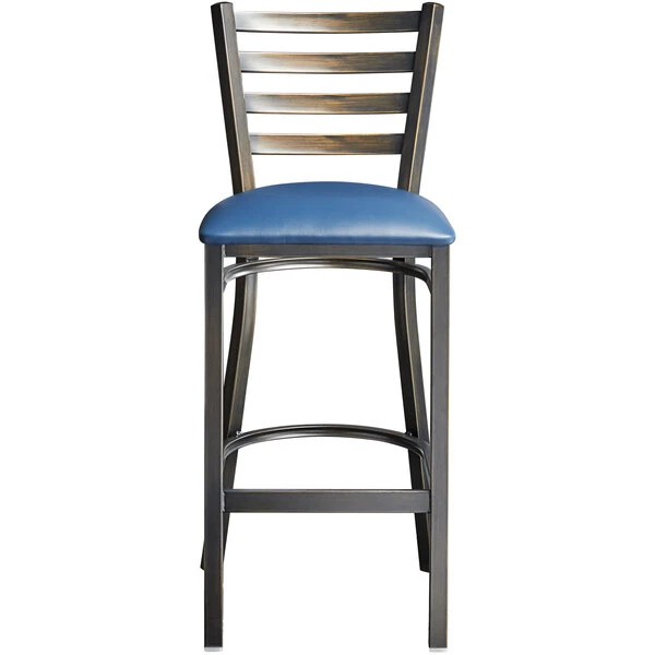 Lancaster Table & Seating Distressed Copper Finish Ladder Back Bar Stool With 2 1/2" Navy Blue Vinyl Padded Seat 5 Lancaster Table & Seating Distressed Copper Finish Ladder Back Bar Stool With 2 1/2" Navy Blue Vinyl Padded Seat - Image 5