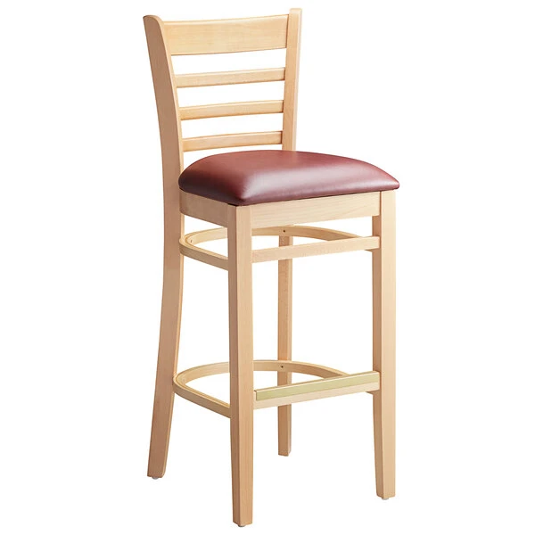 Lancaster Table & Seating Natural Ladder Back Bar Height Chair With 2 1/2" Burgundy Padded Seat 2 Lancaster Table & Seating Natural Ladder Back Bar Height Chair With 2 1/2" Burgundy Padded Seat - Image 2