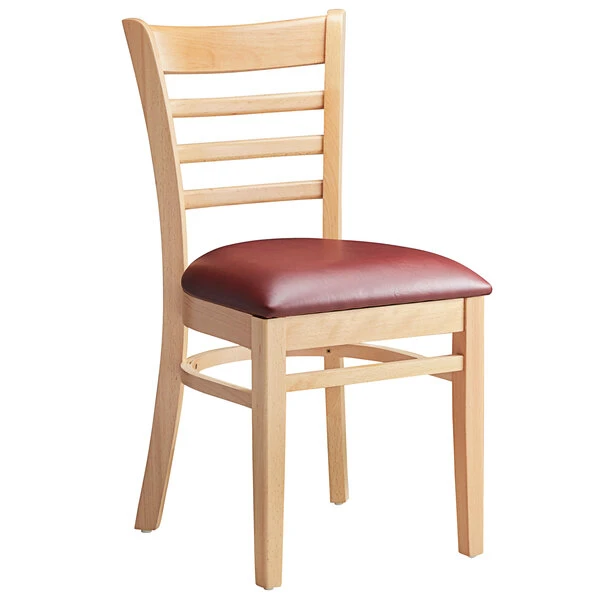 Lancaster Table & Seating Natural Finish Wooden Ladder Back Chair With 2 1/2" Burgundy Padded Seat 2 Lancaster Table & Seating Natural Finish Wooden Ladder Back Chair With 2 1/2" Burgundy Padded Seat - Image 2