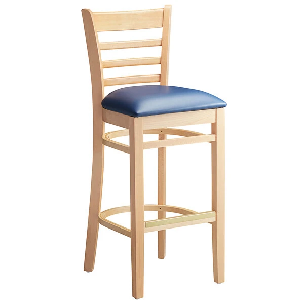 Lancaster Table & Seating Natural Ladder Back Bar Height Chair With 2 1/2" Navy Padded Seat 2 Lancaster Table & Seating Natural Ladder Back Bar Height Chair With 2 1/2" Navy Padded Seat - Image 2