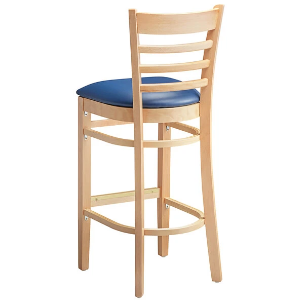 Lancaster Table & Seating Natural Ladder Back Bar Height Chair With 2 1/2" Navy Padded Seat 3 Lancaster Table & Seating Natural Ladder Back Bar Height Chair With 2 1/2" Navy Padded Seat - Image 3