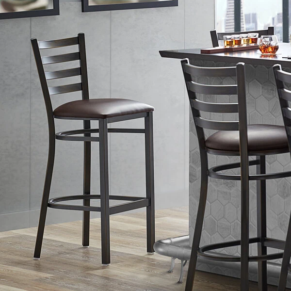 Lancaster Table & Seating Distressed Copper Finish Ladder Back Bar Stool With 2 1/2" Dark Brown Vinyl Padded Seat 1 Lancaster Table & Seating Distressed Copper Finish Ladder Back Bar Stool With 2 1/2" Dark Brown Vinyl Padded Seat