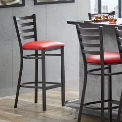 Lancaster Table & Seating Distressed Copper Finish Ladder Back Bar Stool With 2 1/2" Red Vinyl Padded Seat