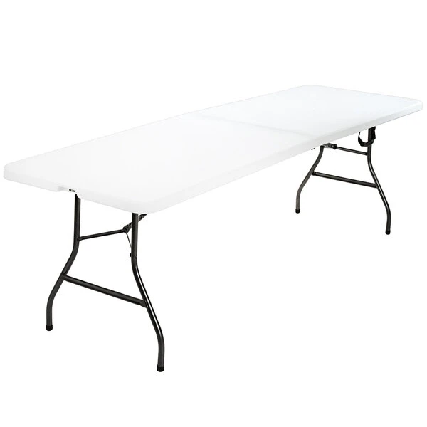 Bridgeport Essentials C778BP14WSL1X 96" X 30" White Resin Fold-In-Half Blow Molded Table With Steel Powder Coated Frame 1 Bridgeport Essentials C778BP14WSL1X 96" X 30" White Resin Fold-In-Half Blow Molded Table With Steel Powder Coated Frame