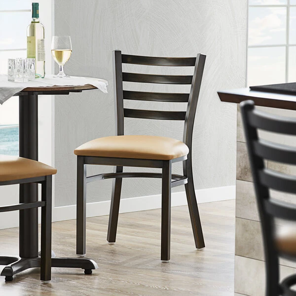 Lancaster Table & Seating Distressed Copper Finish Ladder Back Chair With 2 1/2" Light Brown Vinyl Padded Seat 1 Lancaster Table & Seating Distressed Copper Finish Ladder Back Chair With 2 1/2" Light Brown Vinyl Padded Seat
