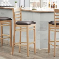 Lancaster Table & Seating Natural Ladder Back Bar Height Chair With 2 1/2" Dark Brown Padded Seat
