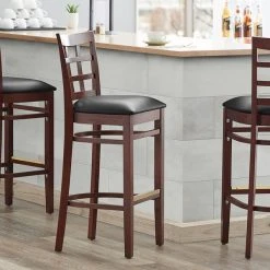 Lancaster Table & Seating Mahogany Window Back Bar Height Chair With Black Padded Seat