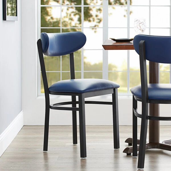 LT&S Boomerang Series Lancaster Table & Seating Boomerang Black Finish Chair With 2 1/2" Navy Vinyl Padded Seat And Back 1 LT&S Boomerang Series Lancaster Table & Seating Boomerang Black Finish Chair With 2 1/2" Navy Vinyl Padded Seat And Back