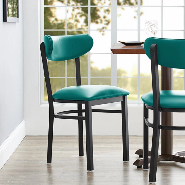 LT&S Boomerang Series Lancaster Table & Seating Boomerang Black Finish Chair With 2 1/2" Green Vinyl Padded Seat And Back 1 LT&S Boomerang Series Lancaster Table & Seating Boomerang Black Finish Chair With 2 1/2" Green Vinyl Padded Seat And Back