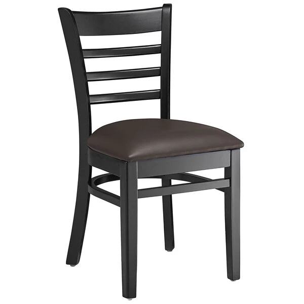 Lancaster Table & Seating Black Finish Wooden Ladder Back Chair With 2 1/2" Dark Brown Padded Seat 2 Lancaster Table & Seating Black Finish Wooden Ladder Back Chair With 2 1/2" Dark Brown Padded Seat - Image 2