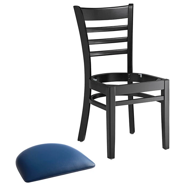 Lancaster Table & Seating Black Finish Wooden Ladder Back Chair With 2 1/2" Navy Padded Seat 4 Lancaster Table & Seating Black Finish Wooden Ladder Back Chair With 2 1/2" Navy Padded Seat - Image 4