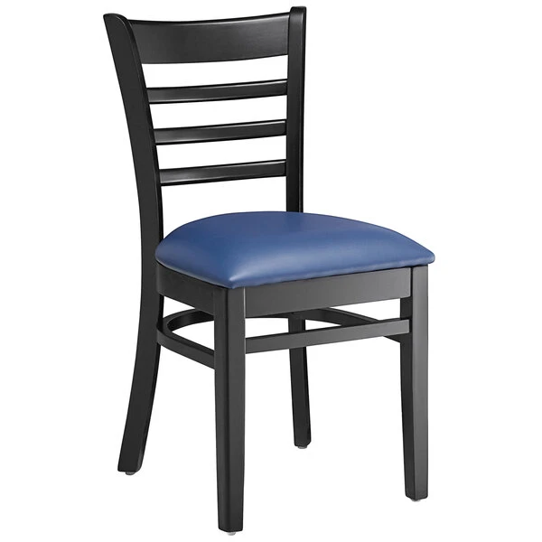 Lancaster Table & Seating Black Finish Wooden Ladder Back Chair With 2 1/2" Navy Padded Seat 2 Lancaster Table & Seating Black Finish Wooden Ladder Back Chair With 2 1/2" Navy Padded Seat - Image 2