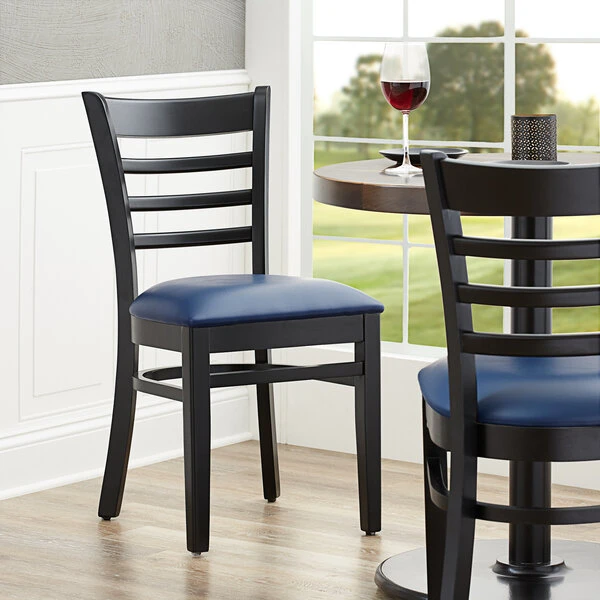 Lancaster Table & Seating Black Finish Wooden Ladder Back Chair With 2 1/2" Navy Padded Seat 1 Lancaster Table & Seating Black Finish Wooden Ladder Back Chair With 2 1/2" Navy Padded Seat