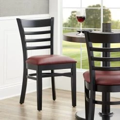 Lancaster Table & Seating Black Finish Wooden Ladder Back Chair With 2 1/2" Burgundy Padded Seat